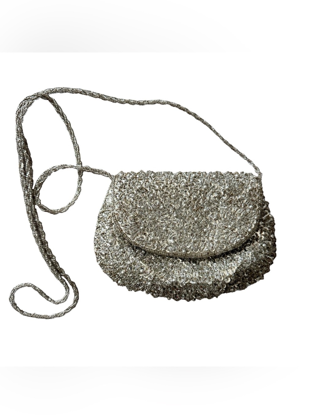Vintage Carlo Fellini Silver Seed Beads & Sequined Crossbody Evening Clutch Bag